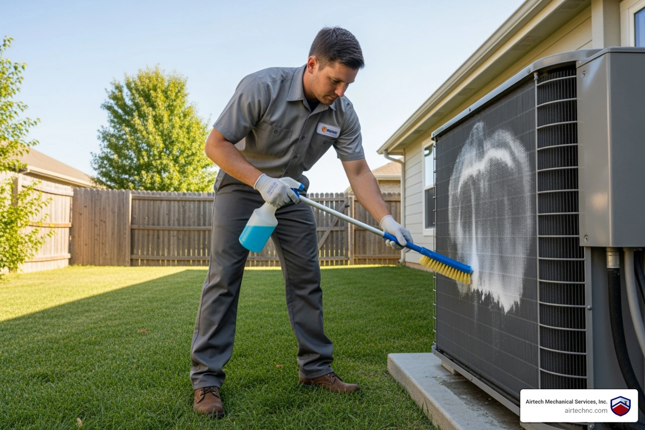 Technician cleaning AC condenser coil during preventive HVAC maintenance Technician cleaning AC condenser coil during preventive HVAC maintenance
