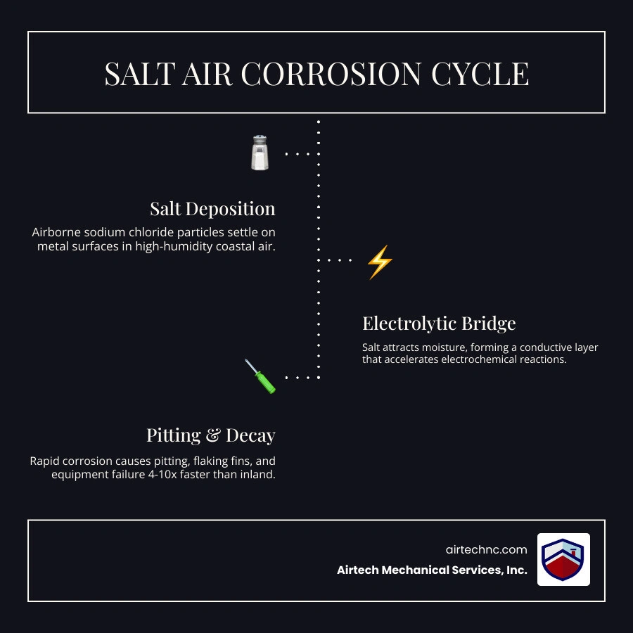 Infographic showing the salt air corrosion cycle and how coastal proximity shortens equipment life by stage infographic Infographic showing the salt air corrosion cycle and how coastal proximity shortens equipment life by stage infographic