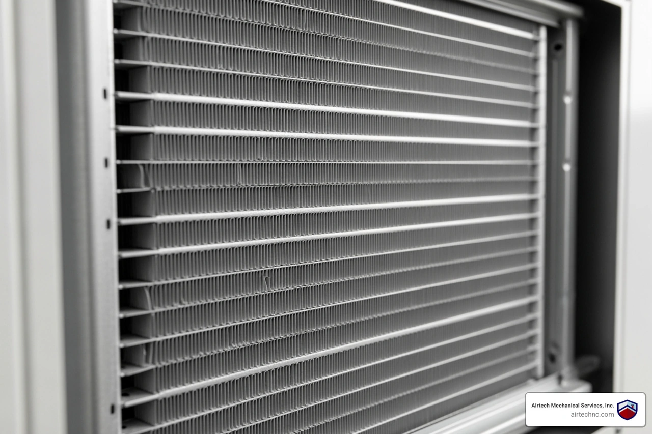 Close-up of a clean, well-maintained evaporator coil inside an HVAC unit Close-up of a clean, well-maintained evaporator coil inside an HVAC unit