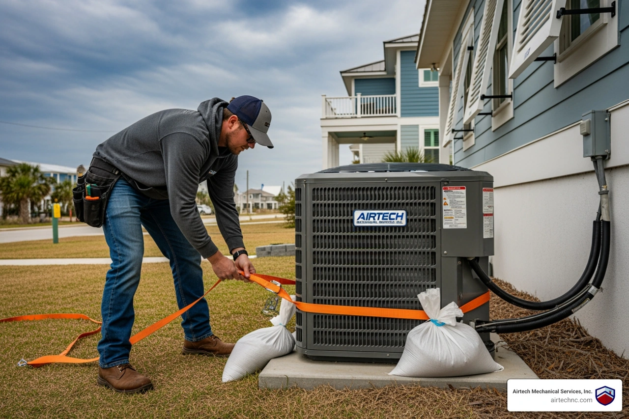 homeowner securing outdoor AC unit before a coastal storm with yard debris removed homeowner securing outdoor AC unit before a coastal storm with yard debris removed