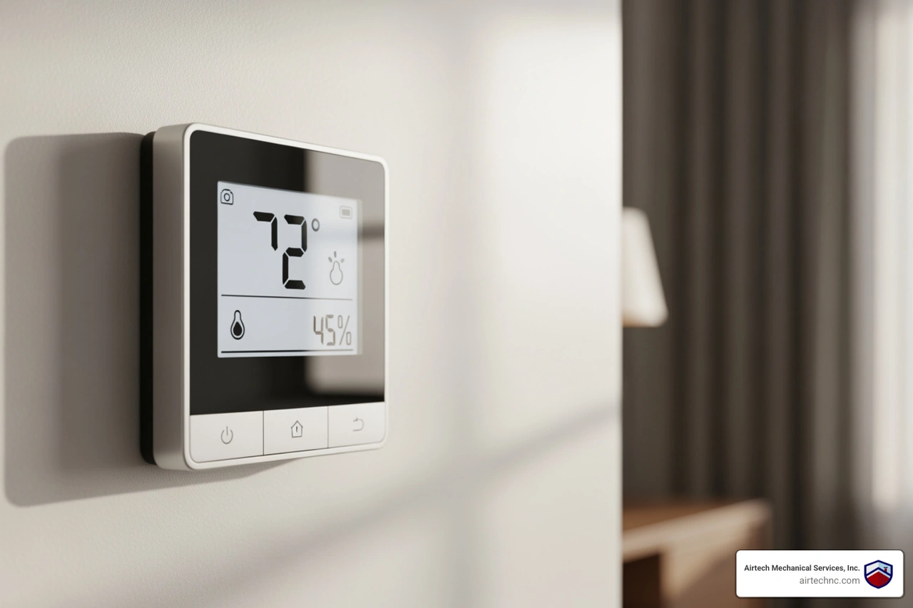 Digital thermostat showing a precise indoor temperature of 72 degrees and 45% humidity Digital thermostat showing a precise indoor temperature of 72 degrees and 45% humidity