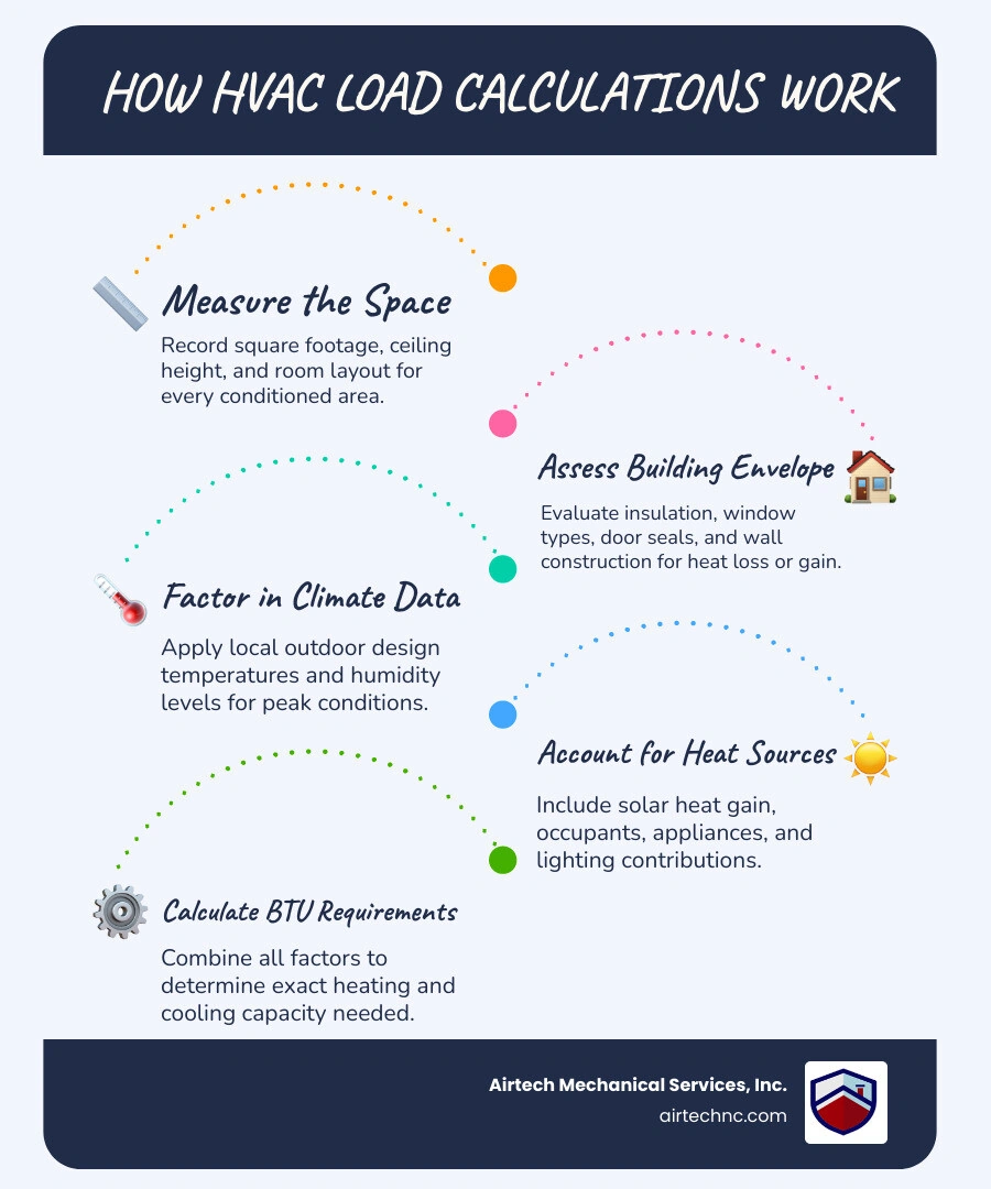 Infographic showing 8 steps of HVAC load calculation from measuring square footage to selecting equipment size infographic Infographic showing 8 steps of HVAC load calculation from measuring square footage to selecting equipment size infographic