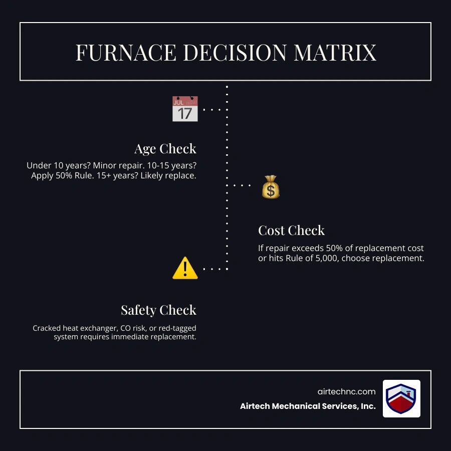 Furnace repair vs replacement decision matrix infographic showing age, cost thresholds, and safety triggers infographic