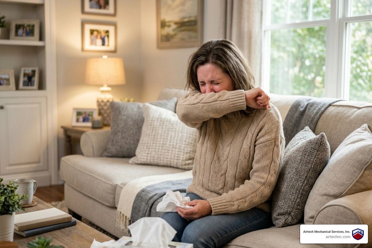 A person sitting on a sofa experiencing allergy symptoms like sneezing and watery eyes - signs your home needs air quality