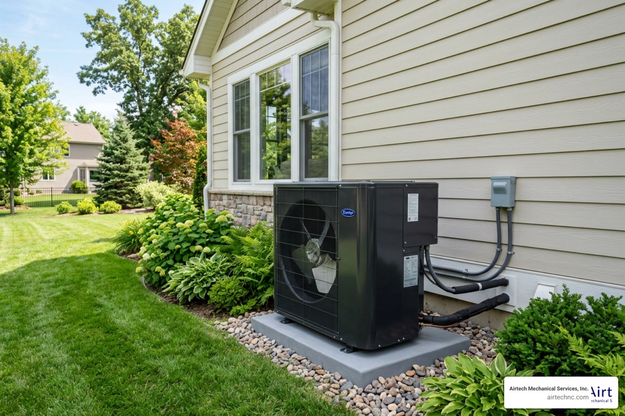 Modern variable-speed heat pump unit operating quietly in a clean backyard setting
