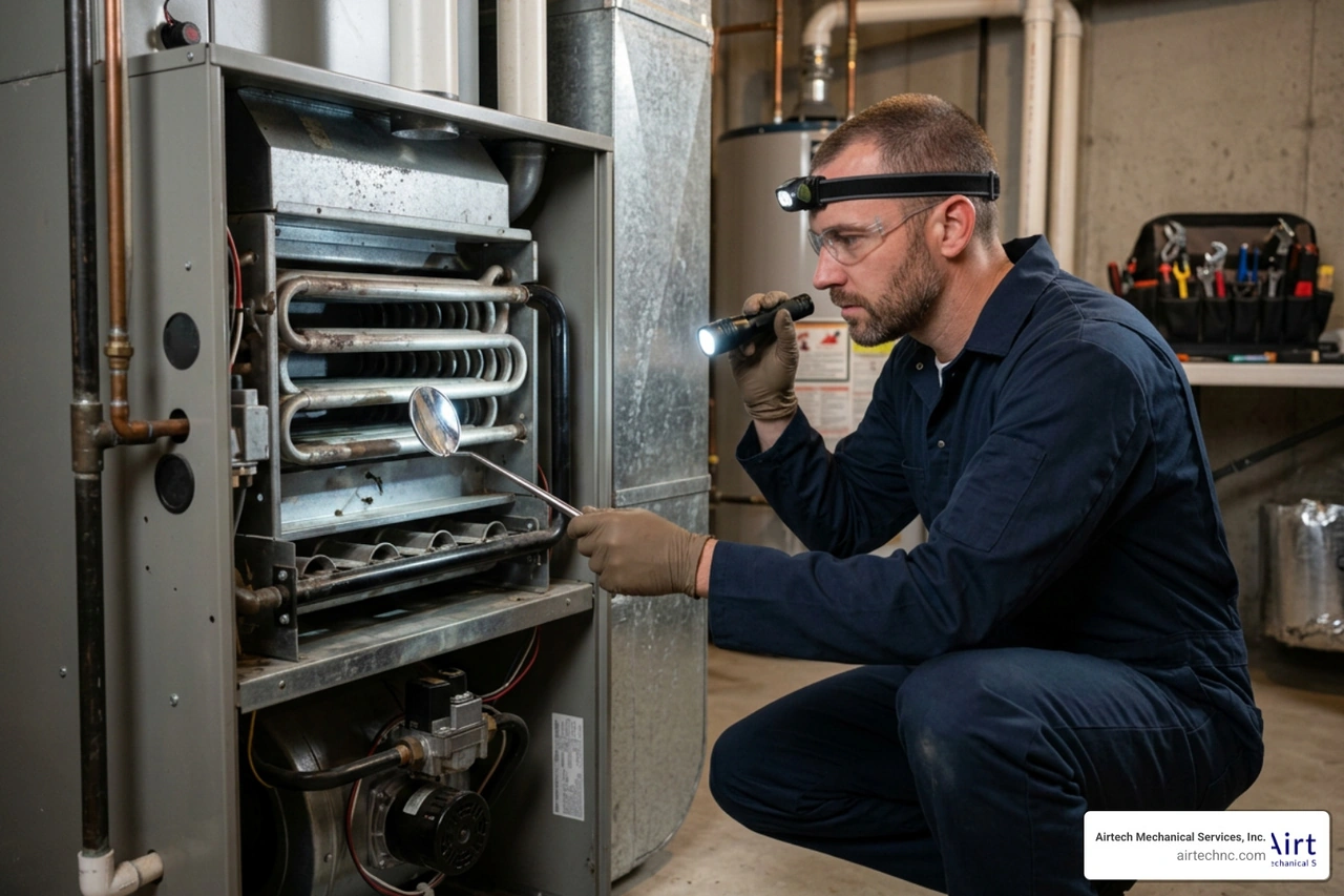 technician inspecting furnace heat exchanger for cracks