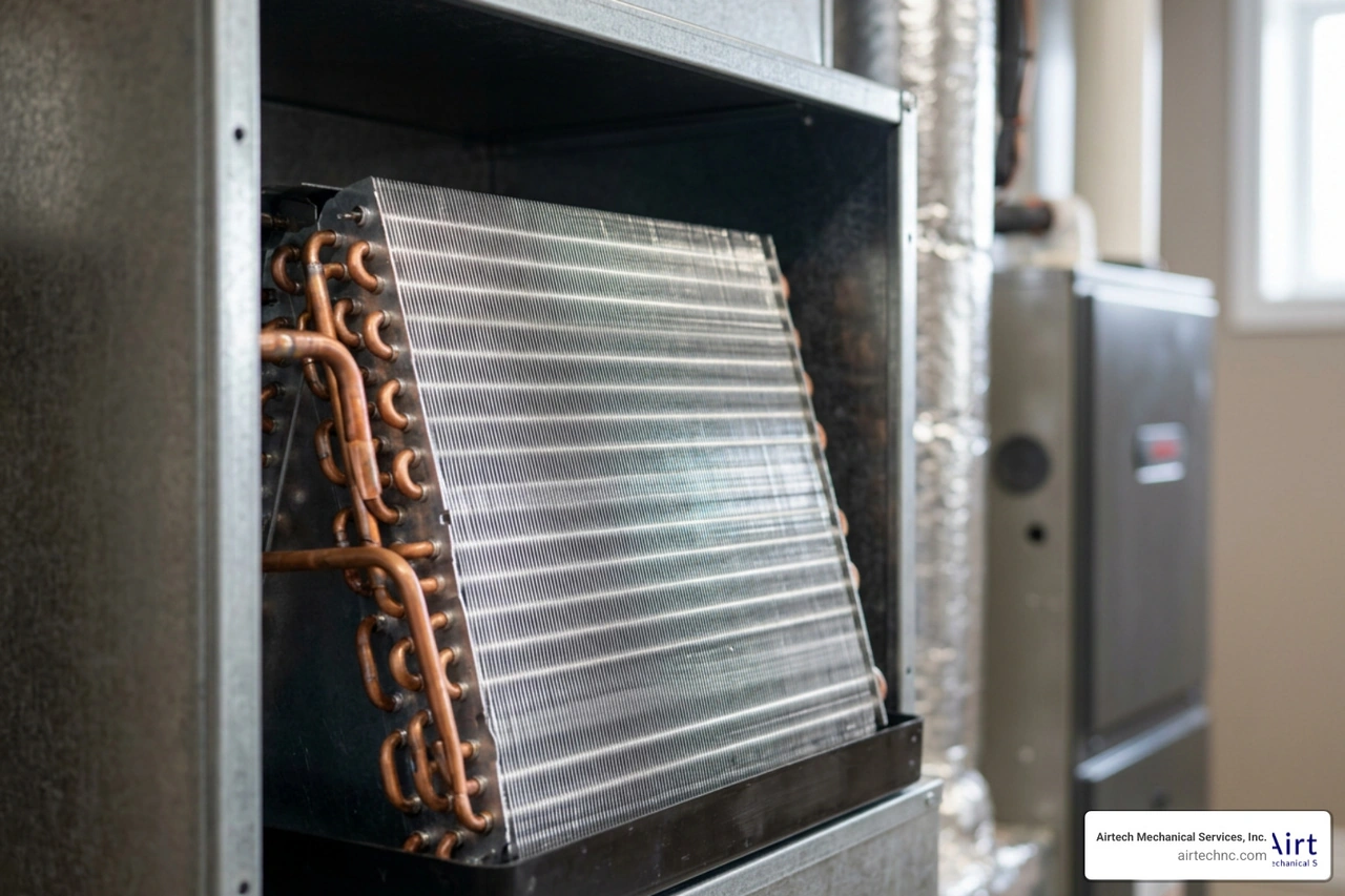A clean indoor evaporator coil free of dust and debris, showing optimal airflow pathways