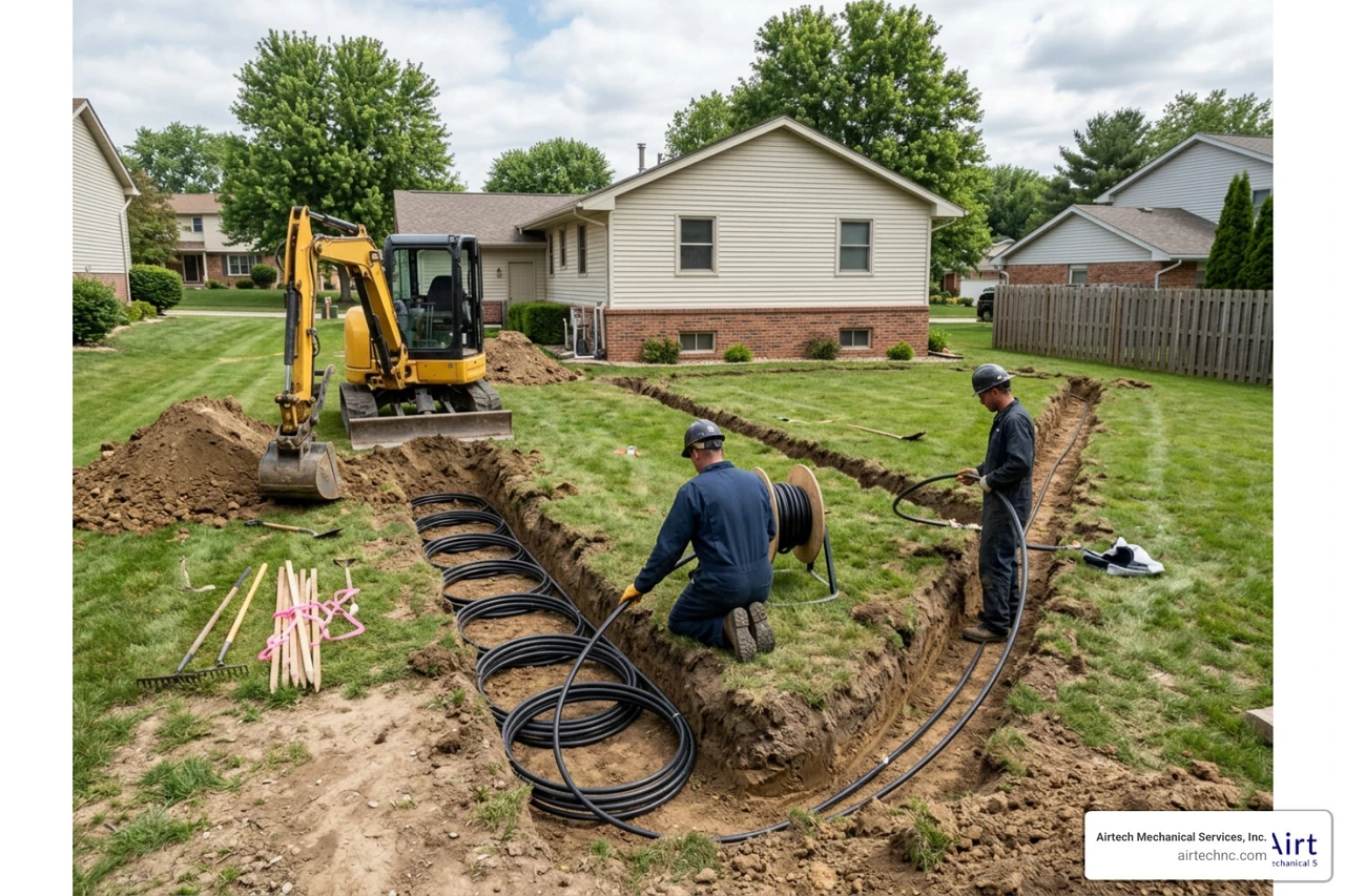 residential geothermal system installation showing outdoor ground loop preparation