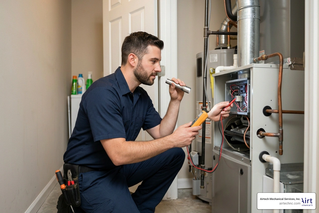 A professional technician inspecting an indoor air handler unit in a home utility closet A professional technician inspecting an indoor air handler unit in a home utility closet