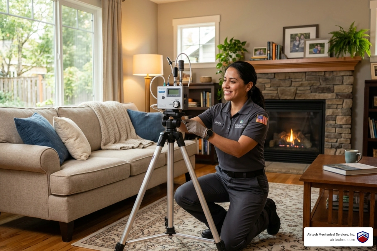Professional technician setting up air sampling equipment in a residential living room - what to expect during an indoor air Professional technician setting up air sampling equipment in a residential living room - what to expect during an indoor air