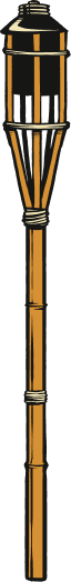 Traditional bamboo torch with a woven holder and a wrapped handle.