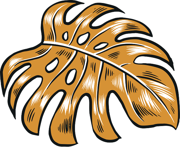 Illustration of an orange monstera leaf with black and white shading details on a transparent background.