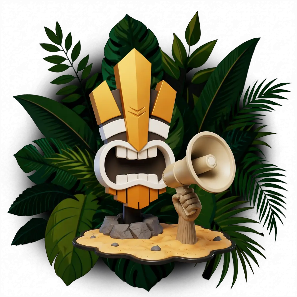 A tiki statue holding a pen and notebook, surrounded by large tropical leaves.