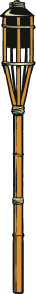 Traditional bamboo torch with a woven holder and a wrapped handle.