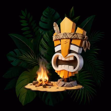Tiki statue with open mouth and a megaphone standing on sand surrounded by tropical green leaves.