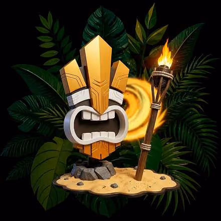 Decorative tribal mask with gold, black, and white details surrounded by various tropical green leaves.