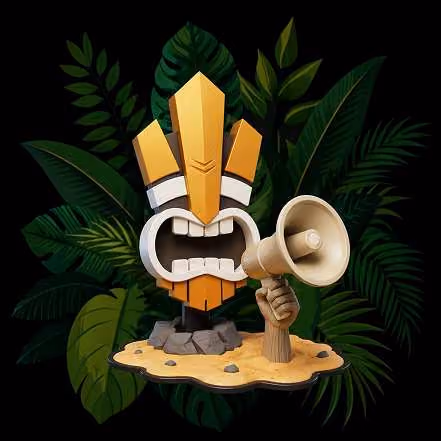 A tiki statue holding a pen and notebook, surrounded by large tropical leaves.