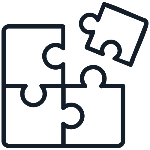 Vier Puzzleteile, eines schwebt zum Zusammenfügen über den anderen - Icon