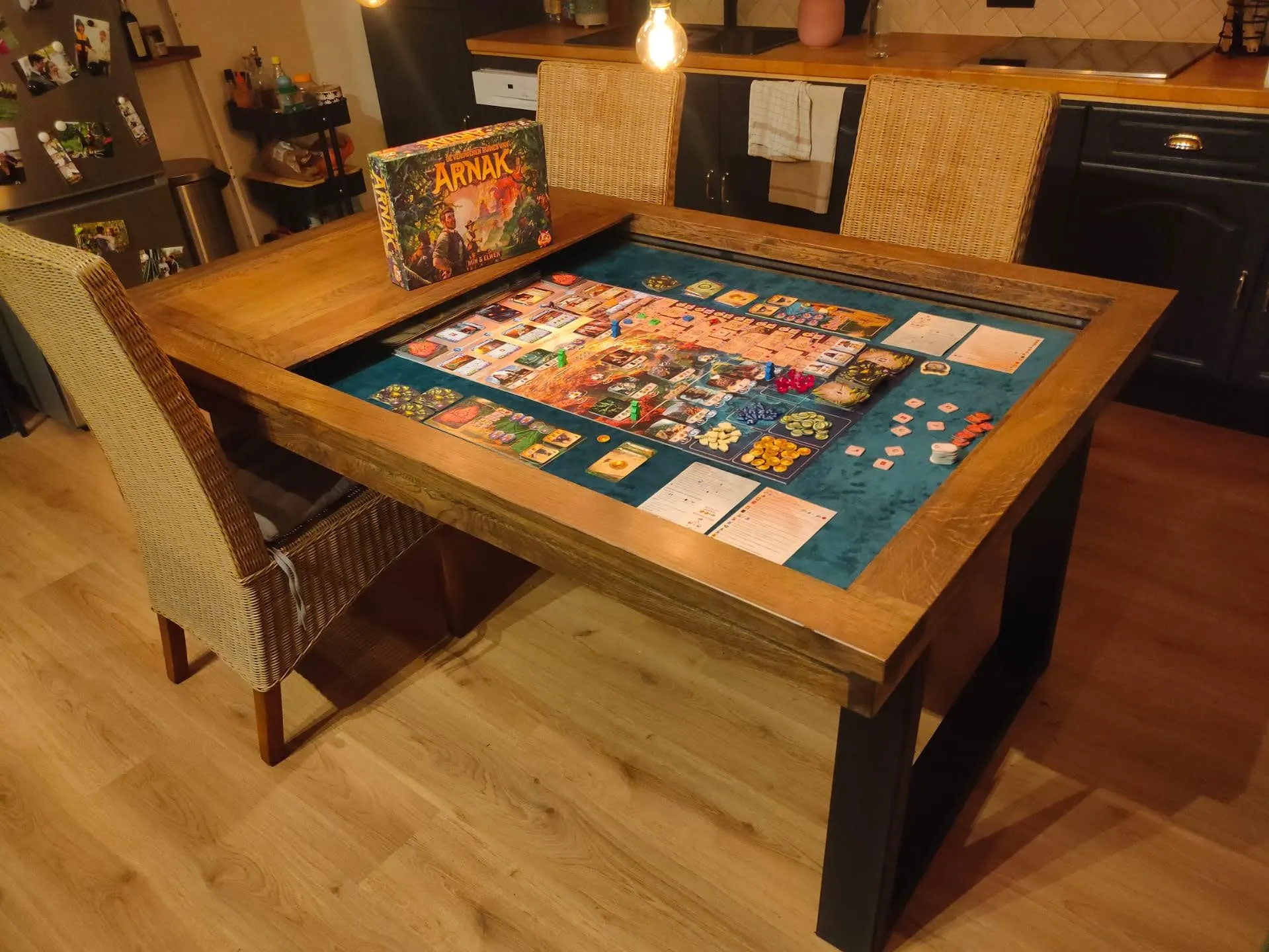 Custom built board game table with integrated LEDs and convertible to dinner table.