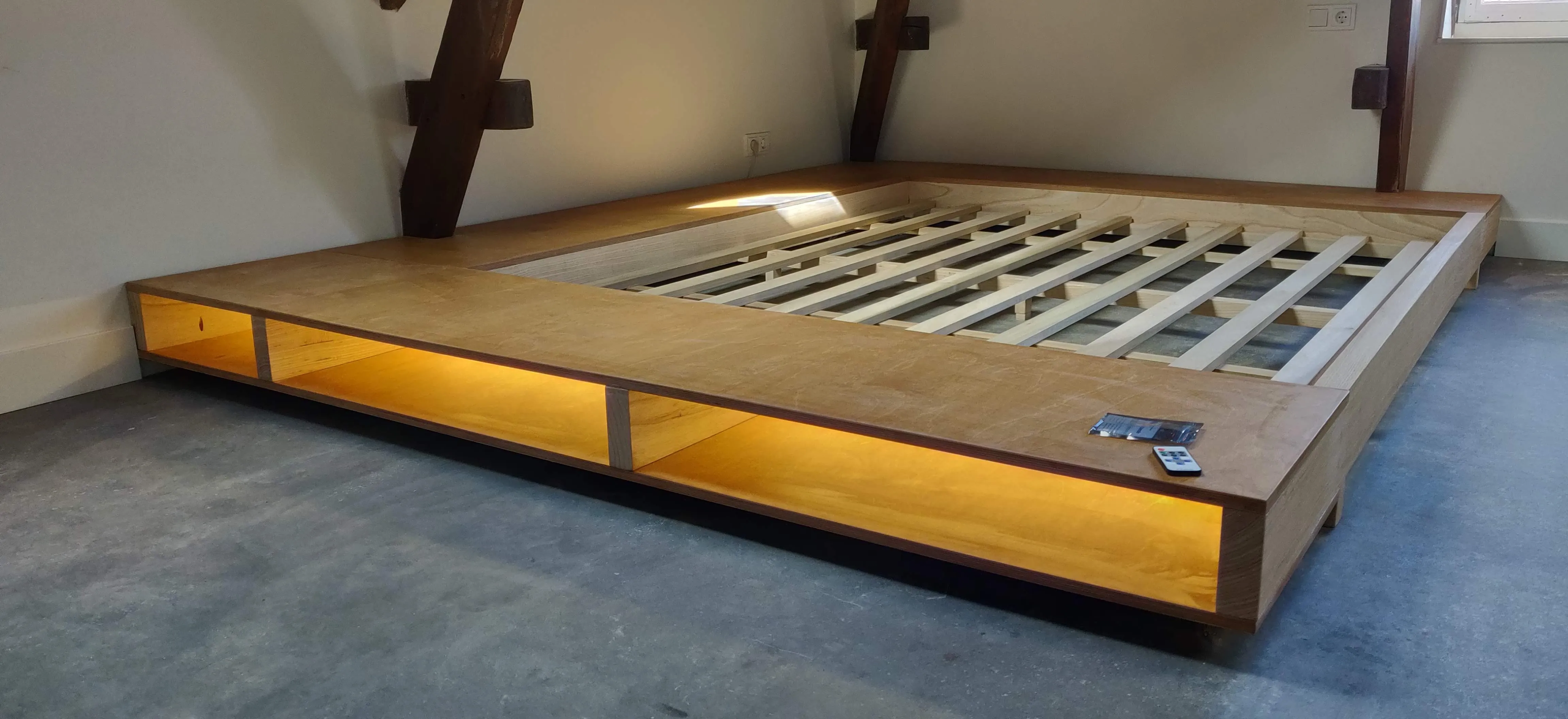 Custom built bed with integrated LED lights