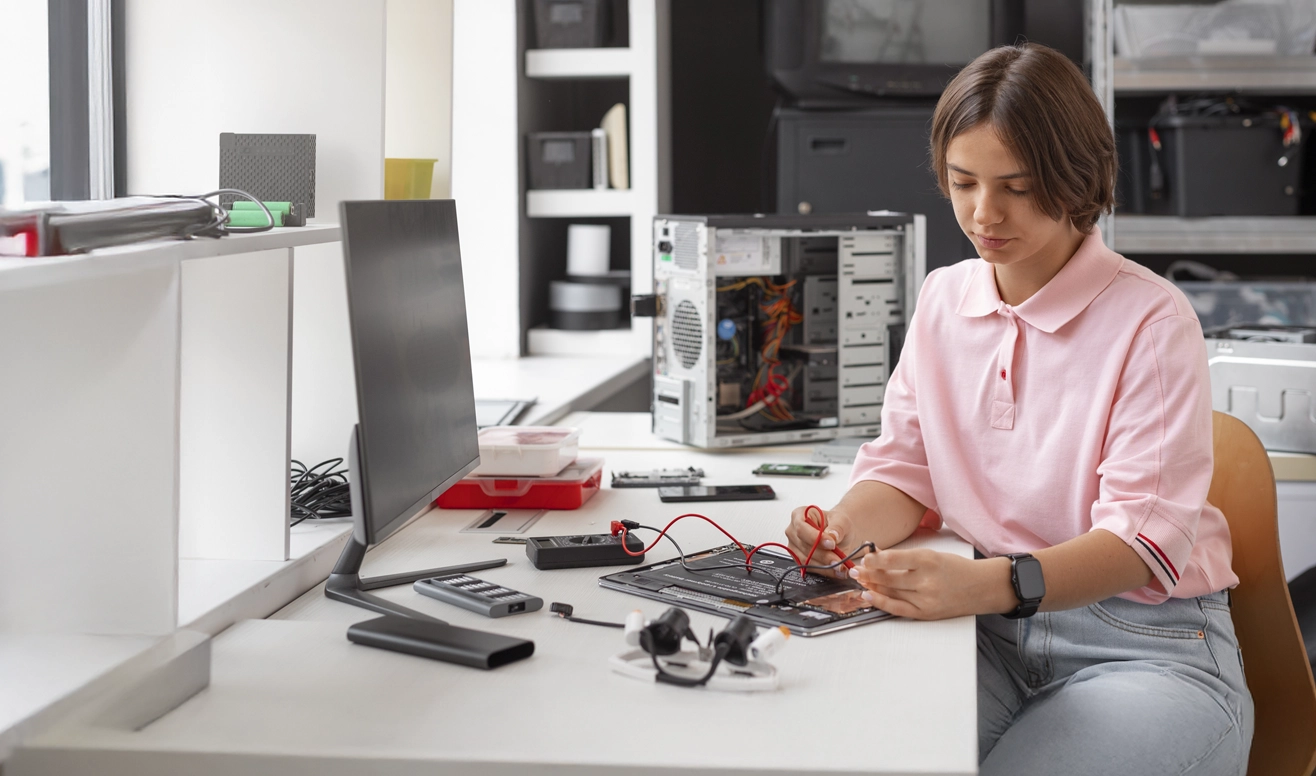 Jeune femme en polo rose travaillant sur un composant électronique avec un multimètre à côté d'un ordinateur de bureau démonté.