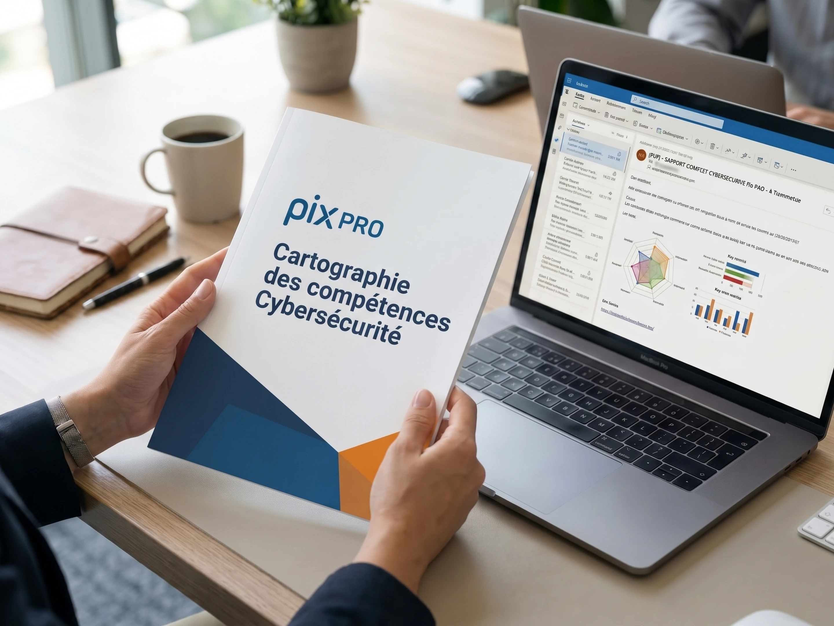 Personne tenant un dossier intitulé 'pix PRO Cartographie des compétences Cybersécurité' devant un ordinateur portable affichant un e-mail avec graphiques et tableau de compétences.