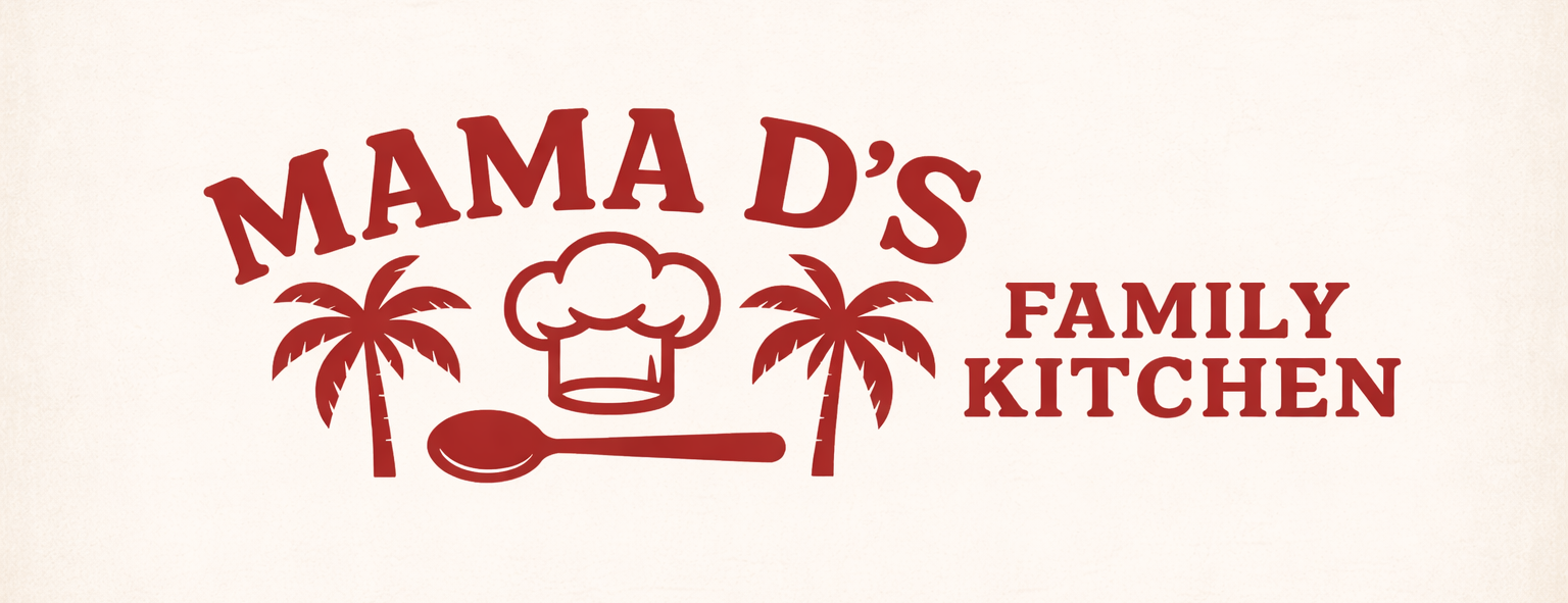 Logo for Mama D's Family Kitchen featuring two palm trees, a chef's hat, and a cooking spoon in red on a light background.