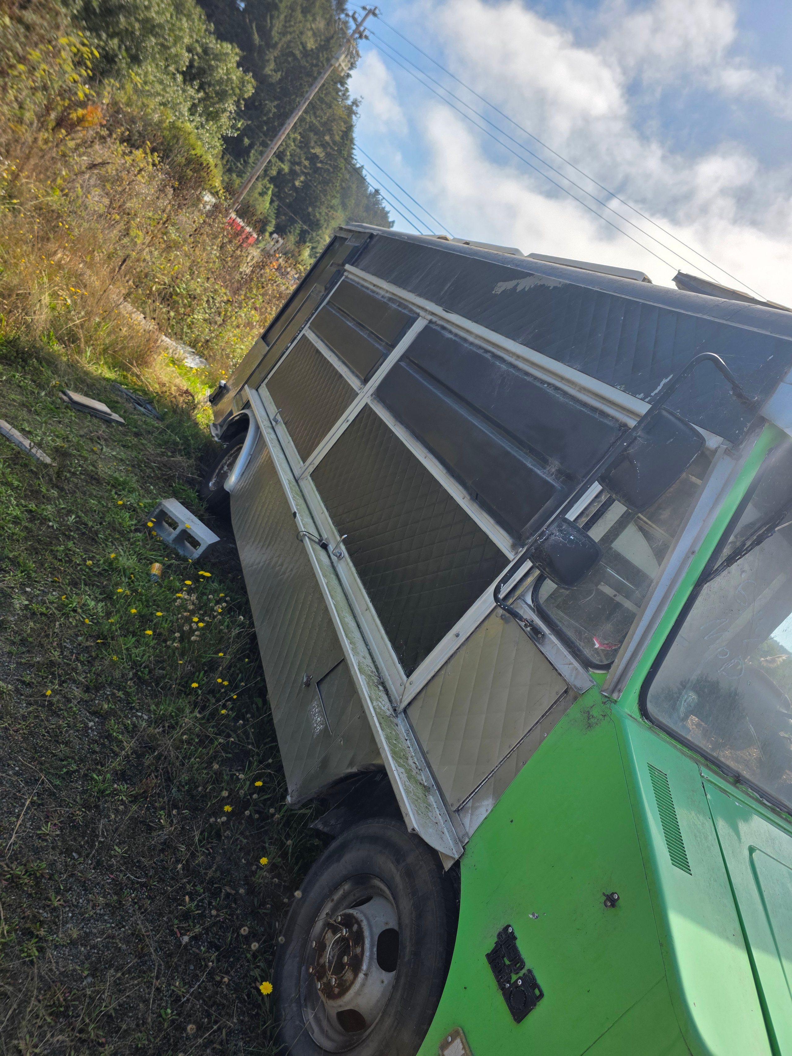 Green and black food truck parked on grassy area with wildflowers and trees in the background.