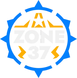 Zone 37 logo featuring a compass rose design with blue points and orange accents around white text.