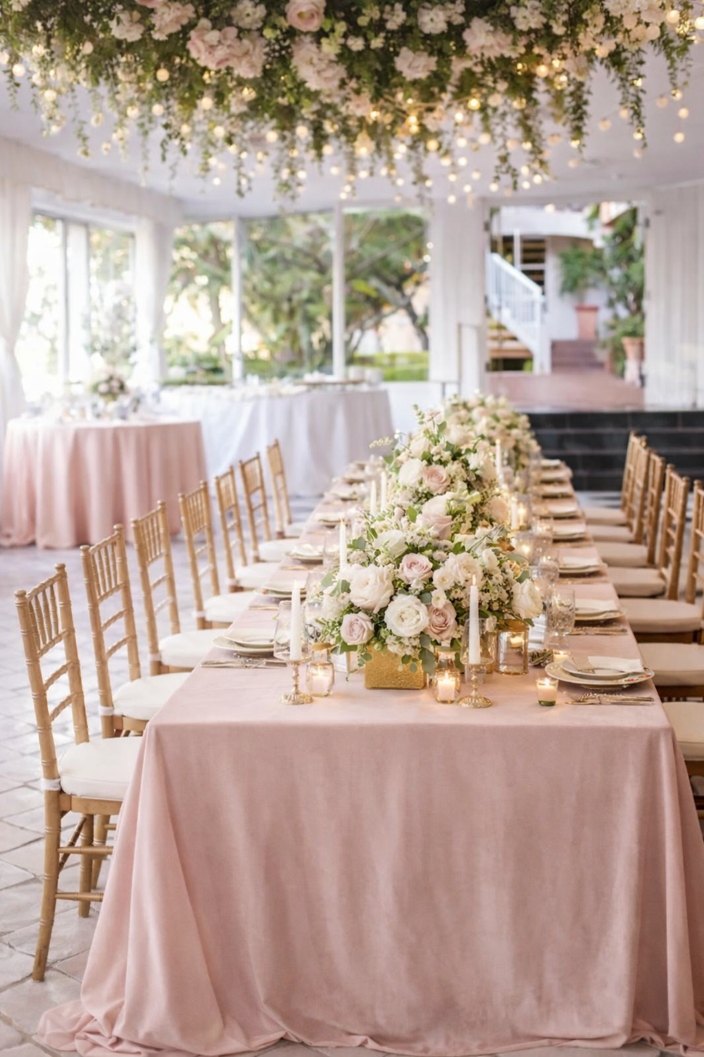 Elegant banquet table with pink tablecloth, floral centerpieces, candles, and gold chairs under hanging flowers and lights.