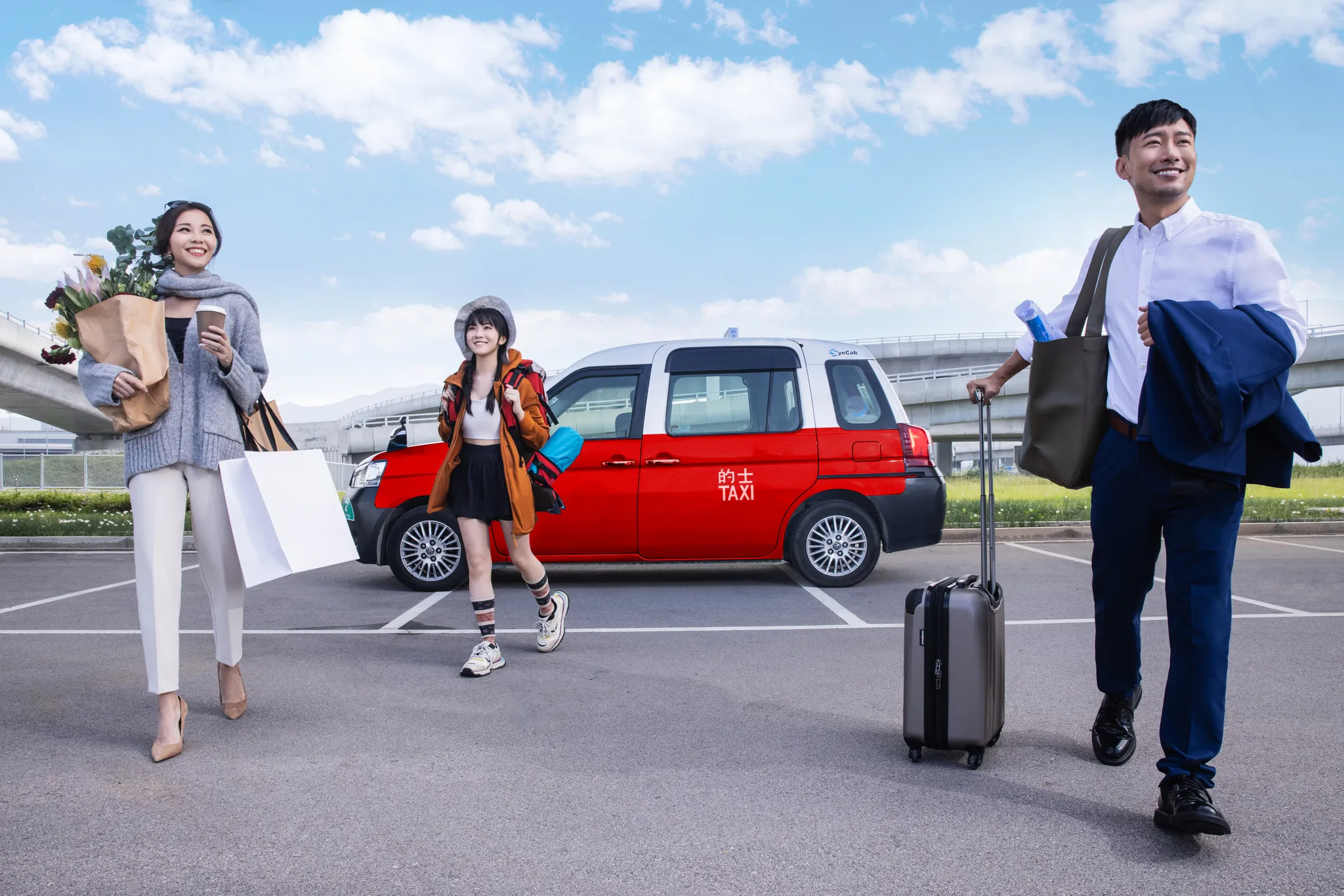 DASH promotional image showing passengers beside a Hong Kong taxi.