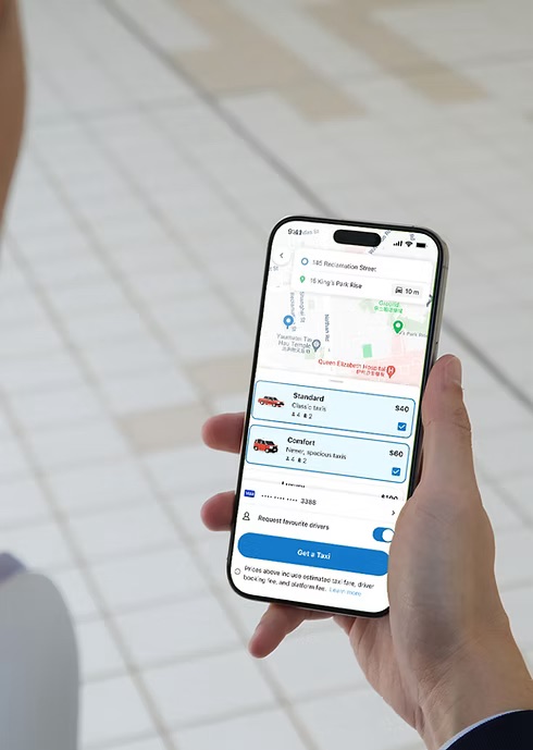 DASH taxi-booking app showing journey details and vehicle options