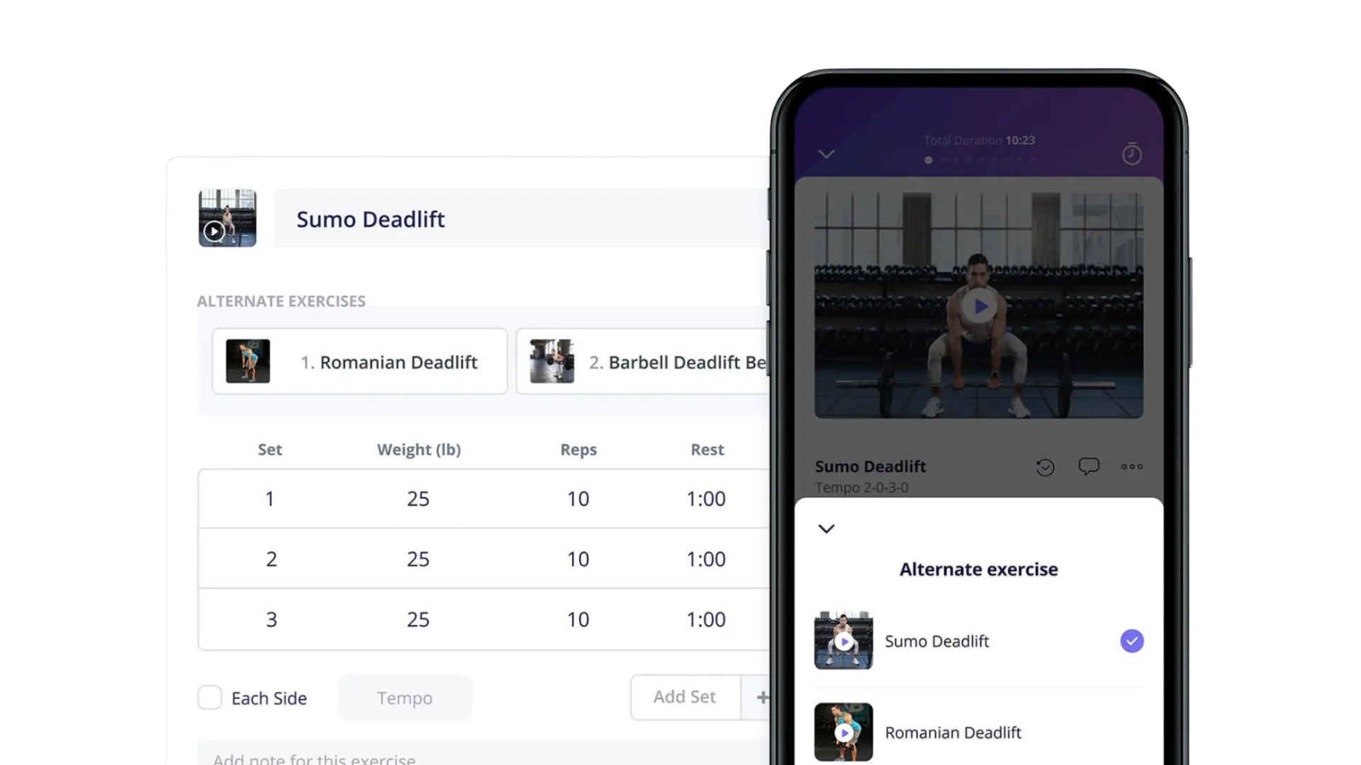 Three kettlebells on the floor with a person standing and another sitting in the blurred background inside a gym.