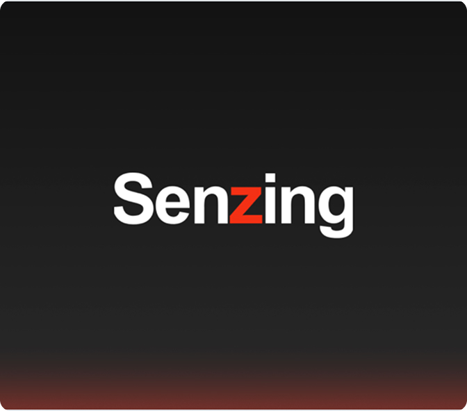 Senzing company logo with a red 'z' on a black gradient background.
