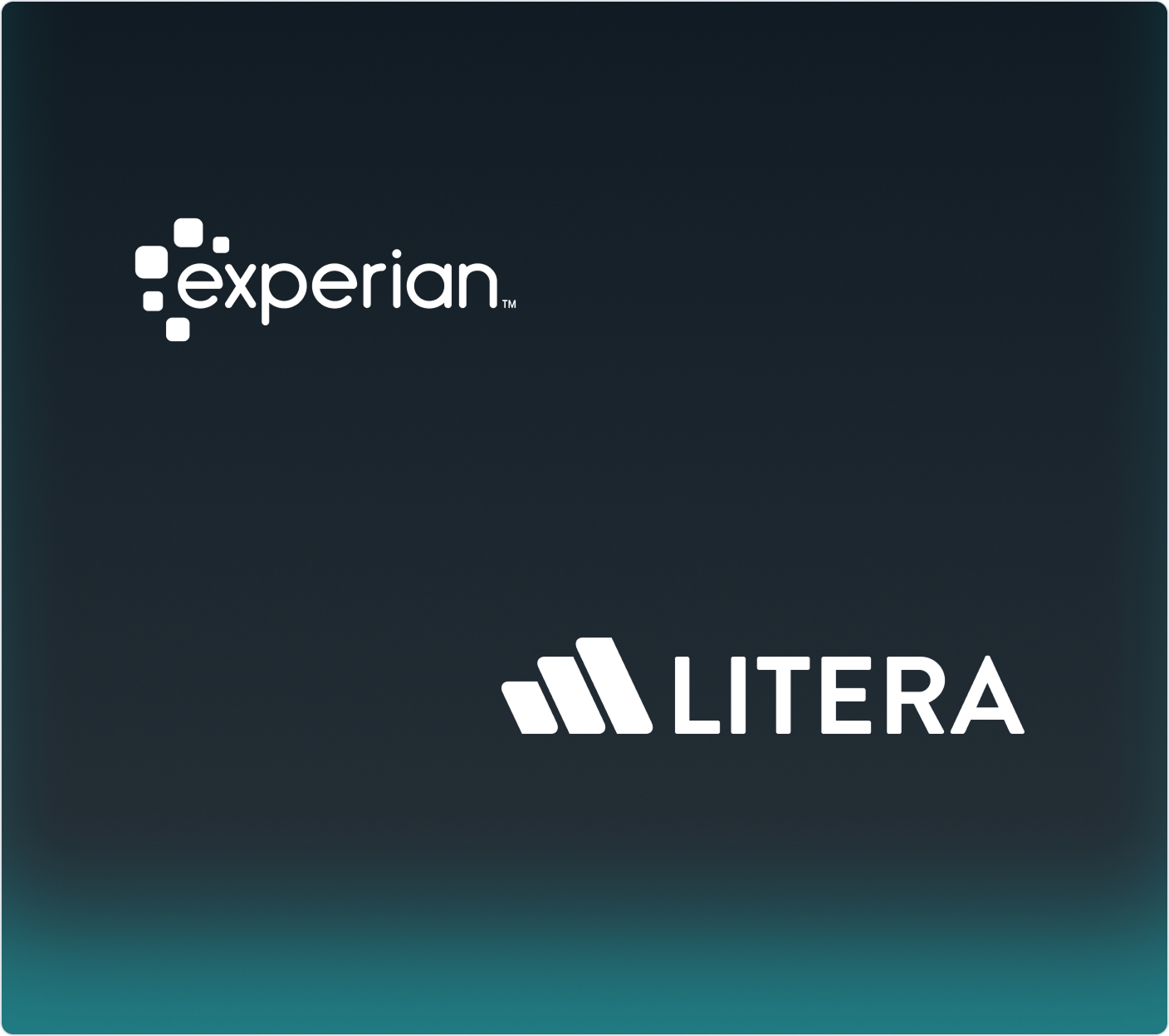 Experian and Litera logos on a dark blue to teal gradient background.