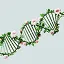 A stylized representation of a DNA double helix intertwined with green vines and pink flowers against a light gray background.