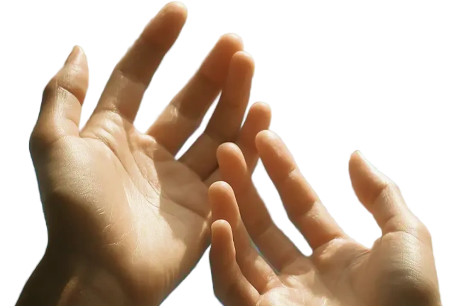 Two open hands reaching toward each other against a light background, highlighting the fingers and palms.