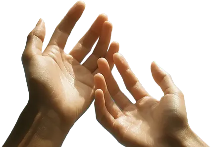 Two hands reaching towards each other in a gesture of connection or support. The hands are illuminated, highlighting their natural skin tones and details.