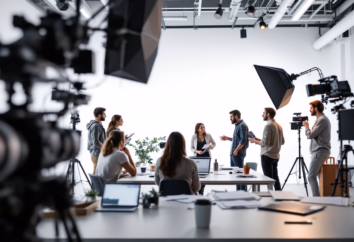 on-set brainstorming session with crew