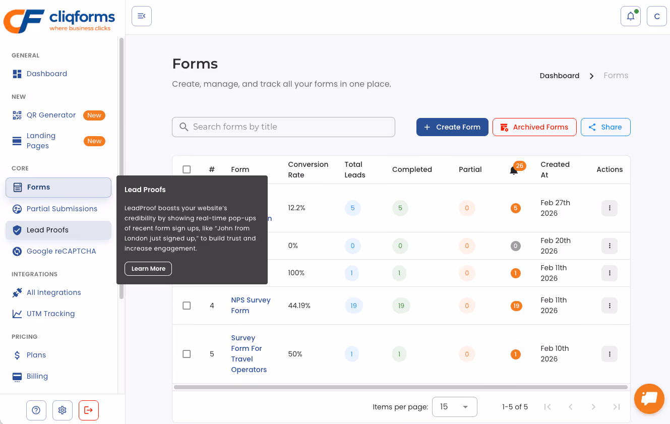 screen shot of cliqforms dashboard