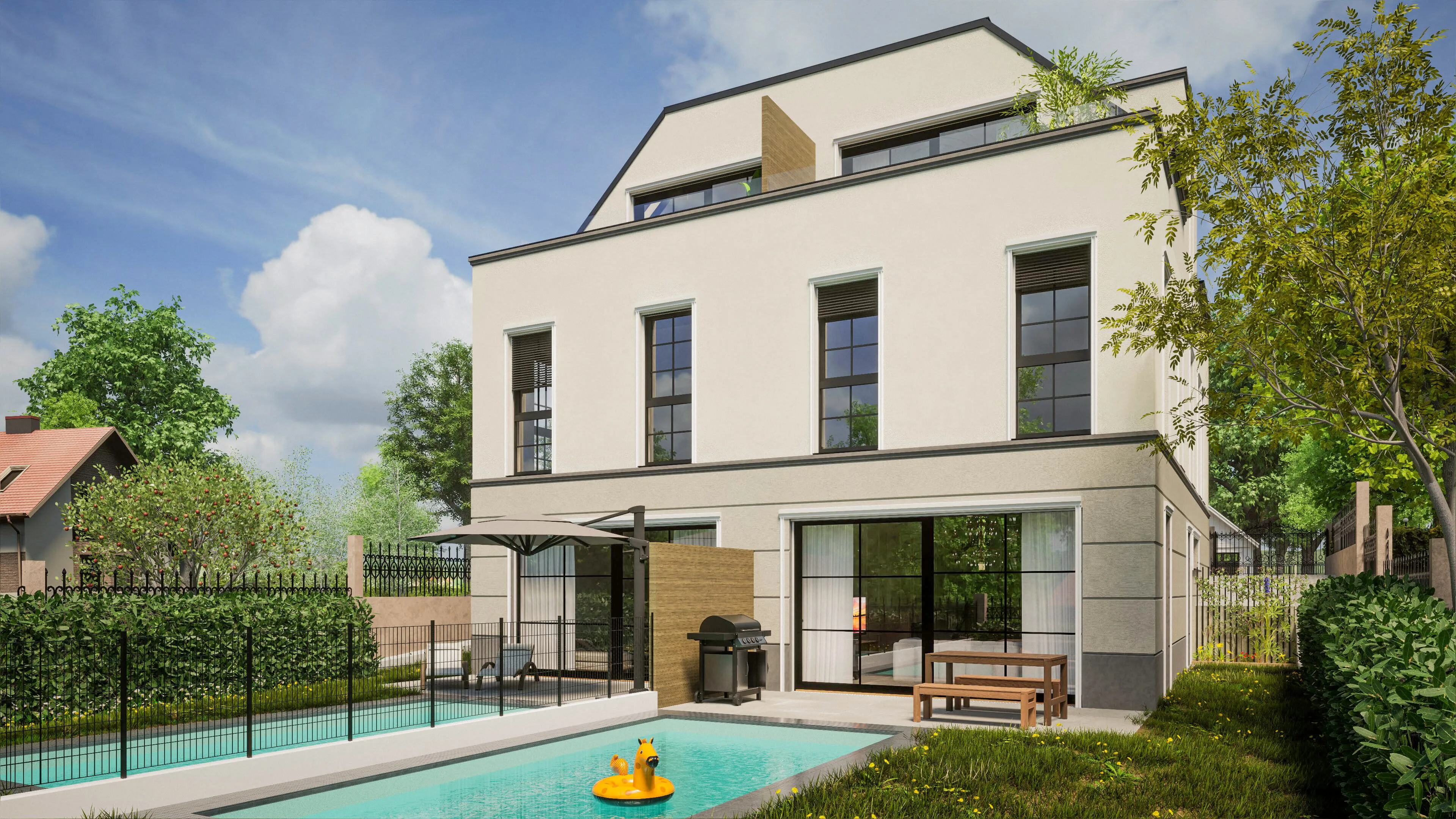 Modernes, zweistöckiges Haus mit großem Garten, Swimmingpool mit gelbem Schwimmtier, Terrasse mit Sonnenschirm und Grill.