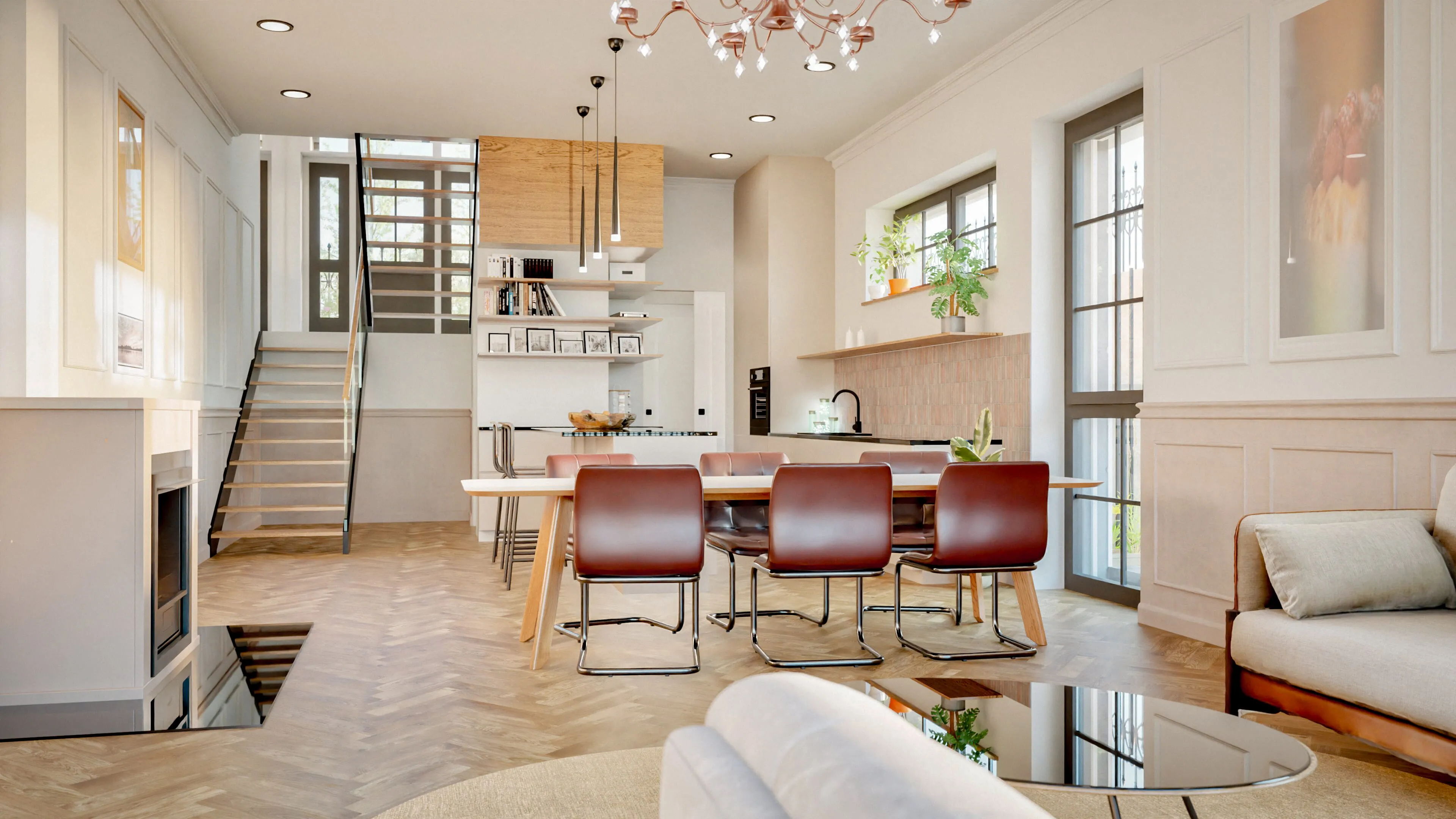 Moderner offener Wohn- und Essbereich mit Holzboden, rustikalem Esstisch, braunen Stühlen, einer Küche mit Hängeschränken und Treppe im Hintergrund.