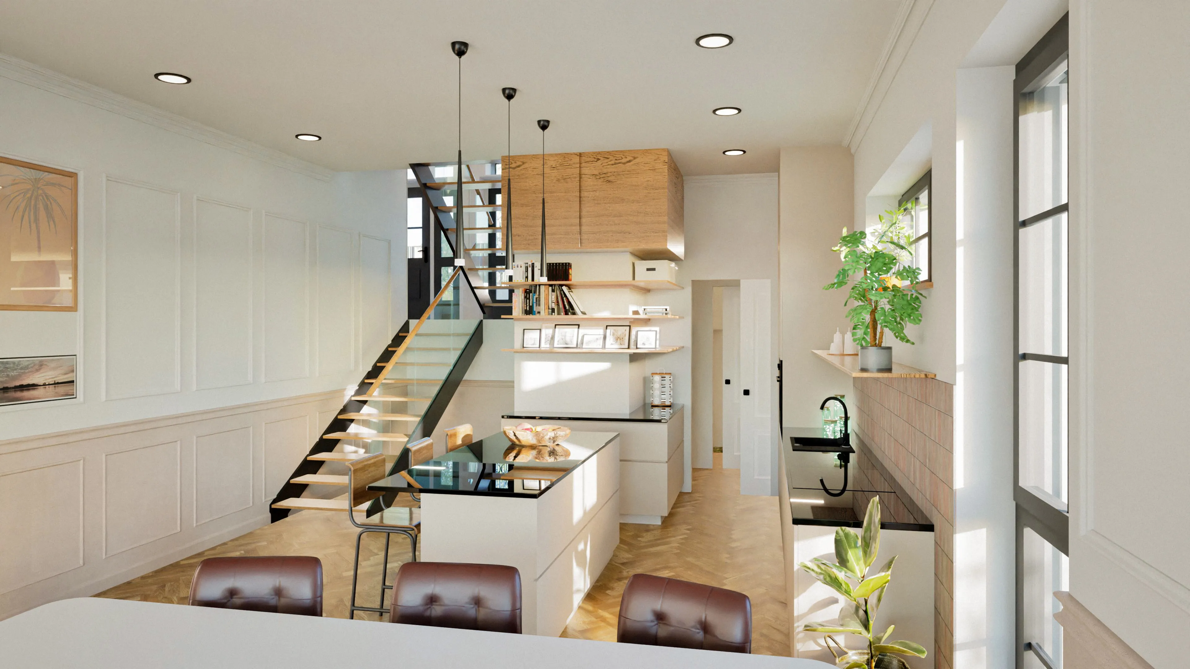 Modern helle Küche mit Glas-Arbeitsplatten, Holzstuhl-Hockern, integrierter Treppe mit Glasgeländer und mehreren Pflanzen neben großen Fenstern.