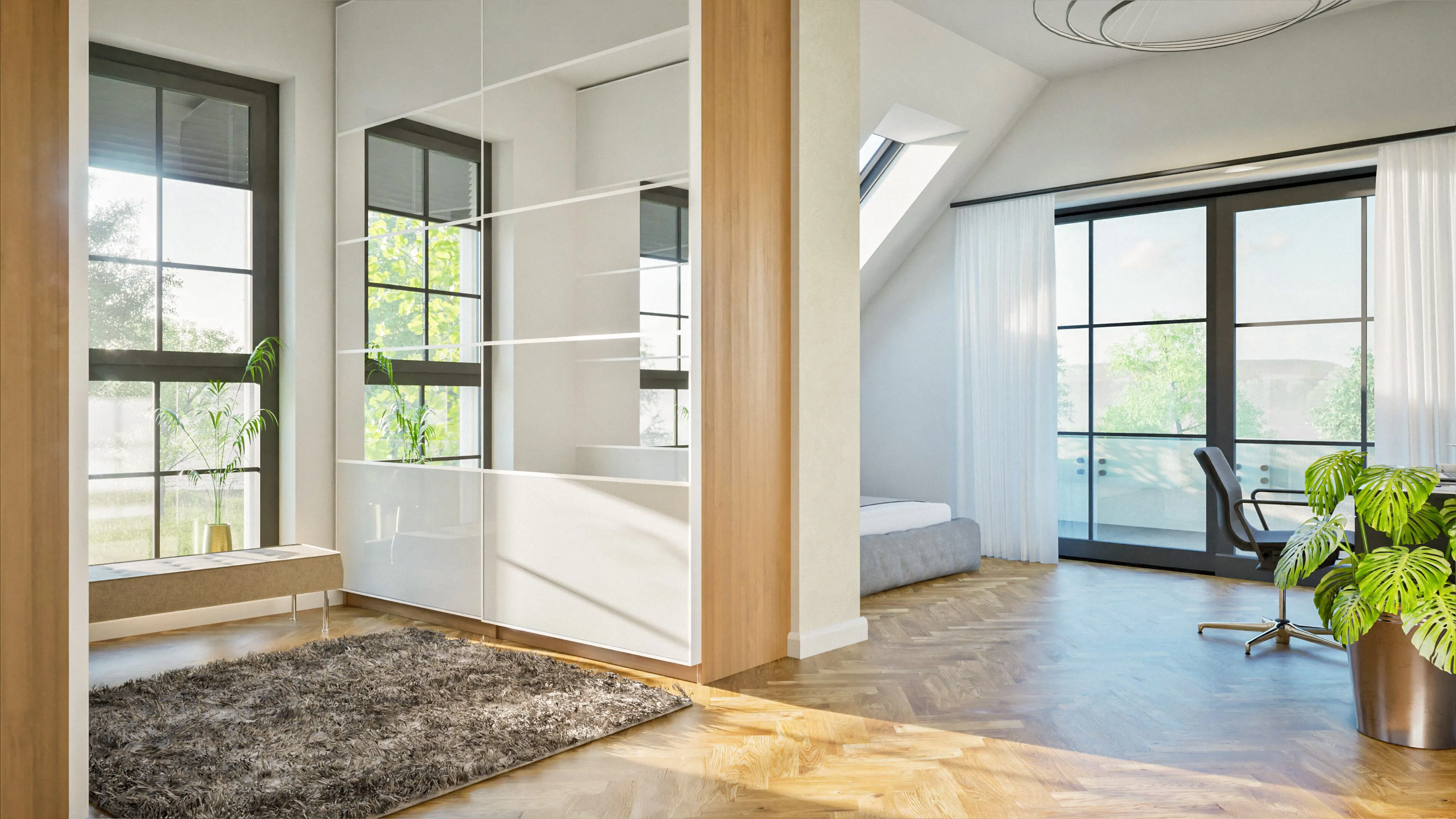 Helles modernes Wohnzimmer mit großen Fenstern, grauem Teppich, grünen Pflanzen und Sicht auf eine Terrasse.