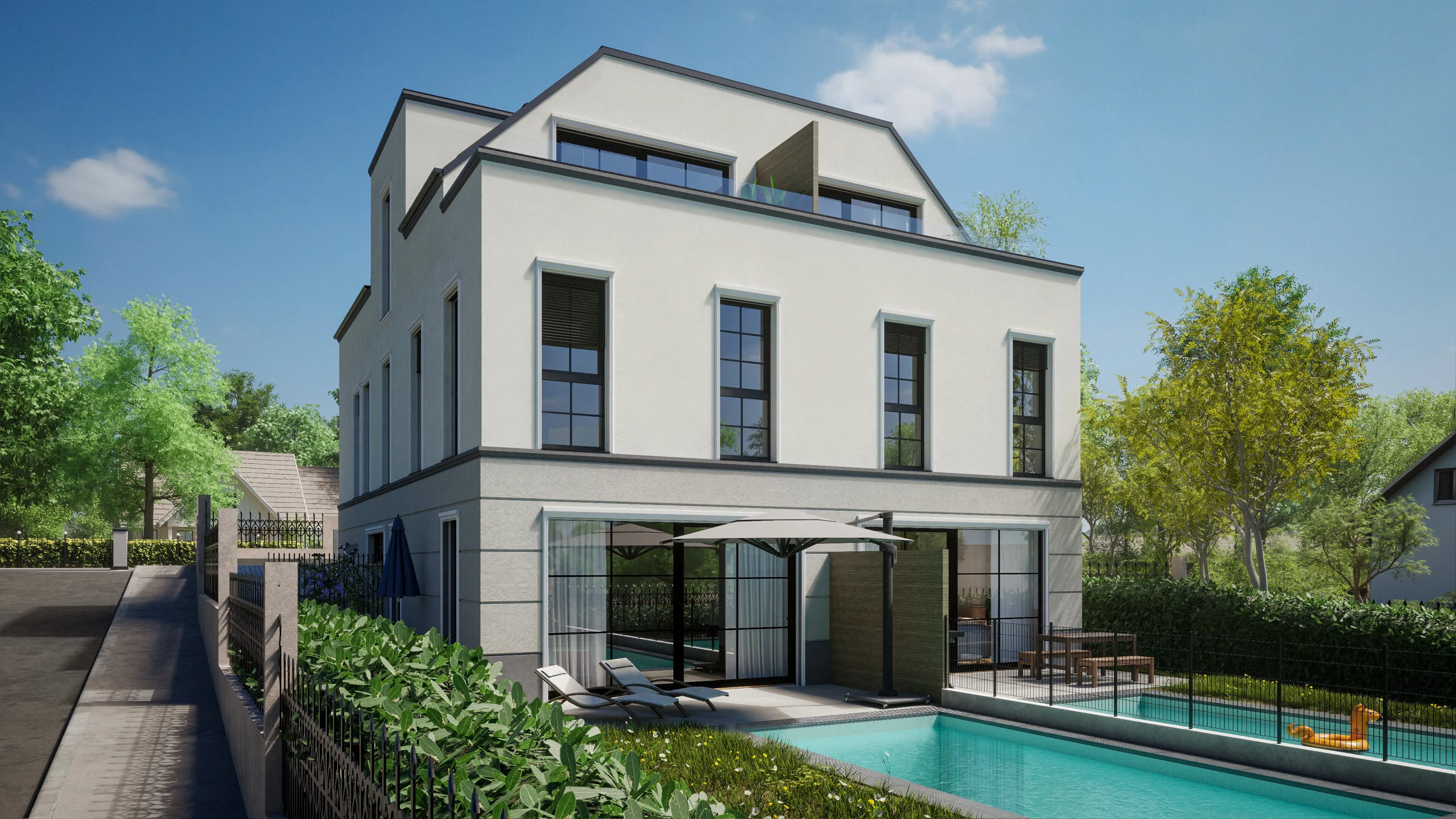 Modernes zweistöckiges Haus mit Terrasse, Pool, Sonnenliegen und Sonnenschirm, umgeben von grünem Garten.