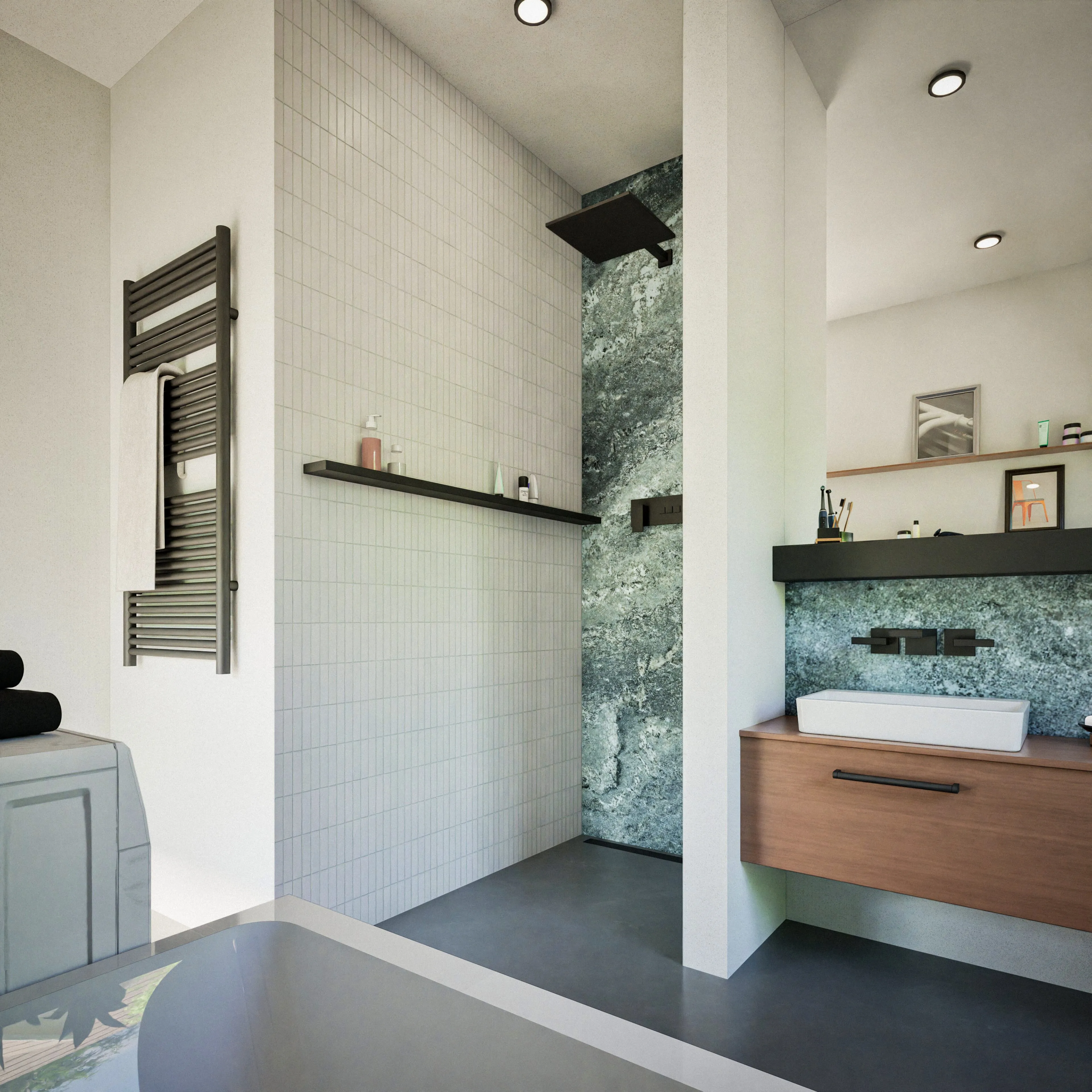 Modernes Badezimmer mit begehbarer Dusche, Holzwaschbeckenmöbel und Handtuchheizkörper an weiß gekachelter Wand.