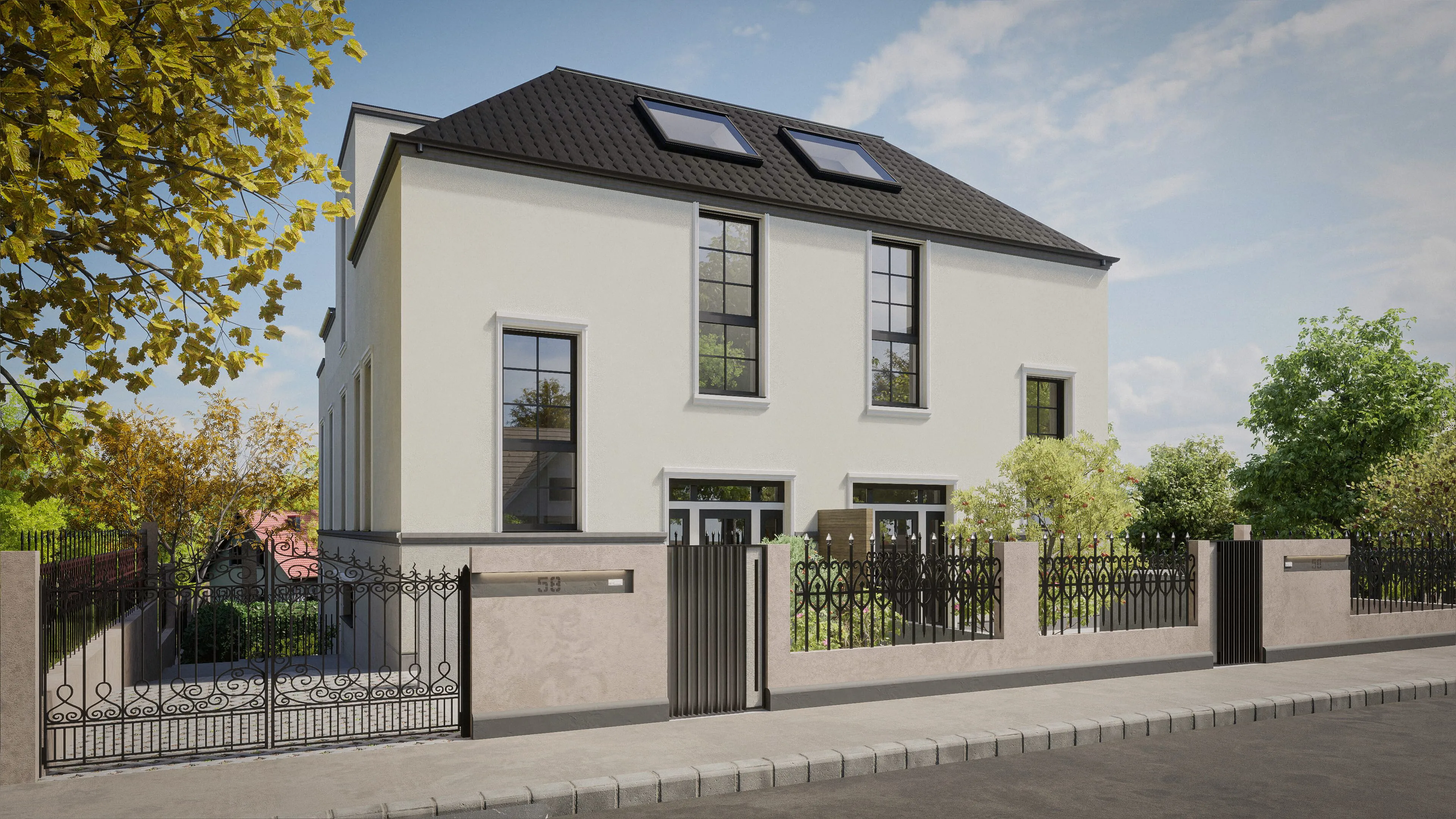 Modernes Doppelhaus mit weißen Wänden, zwei Dachfenstern und einem schwarzen Metallzaun entlang der Straße.