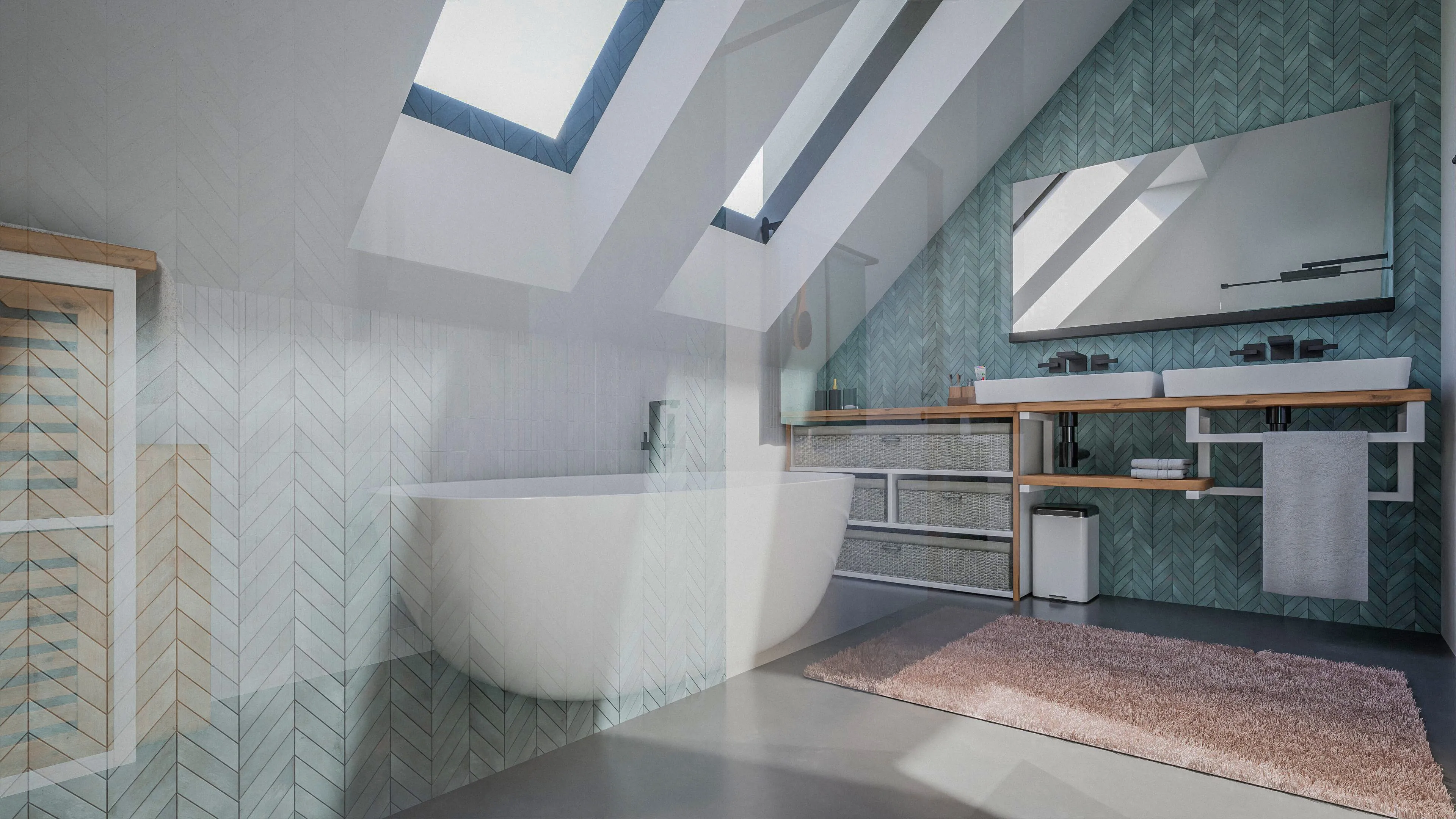 Modernes Badezimmer mit freistehender Badewanne, zwei Waschbecken auf Holzkonsole, großem Spiegel und Schrägdachfenstern.