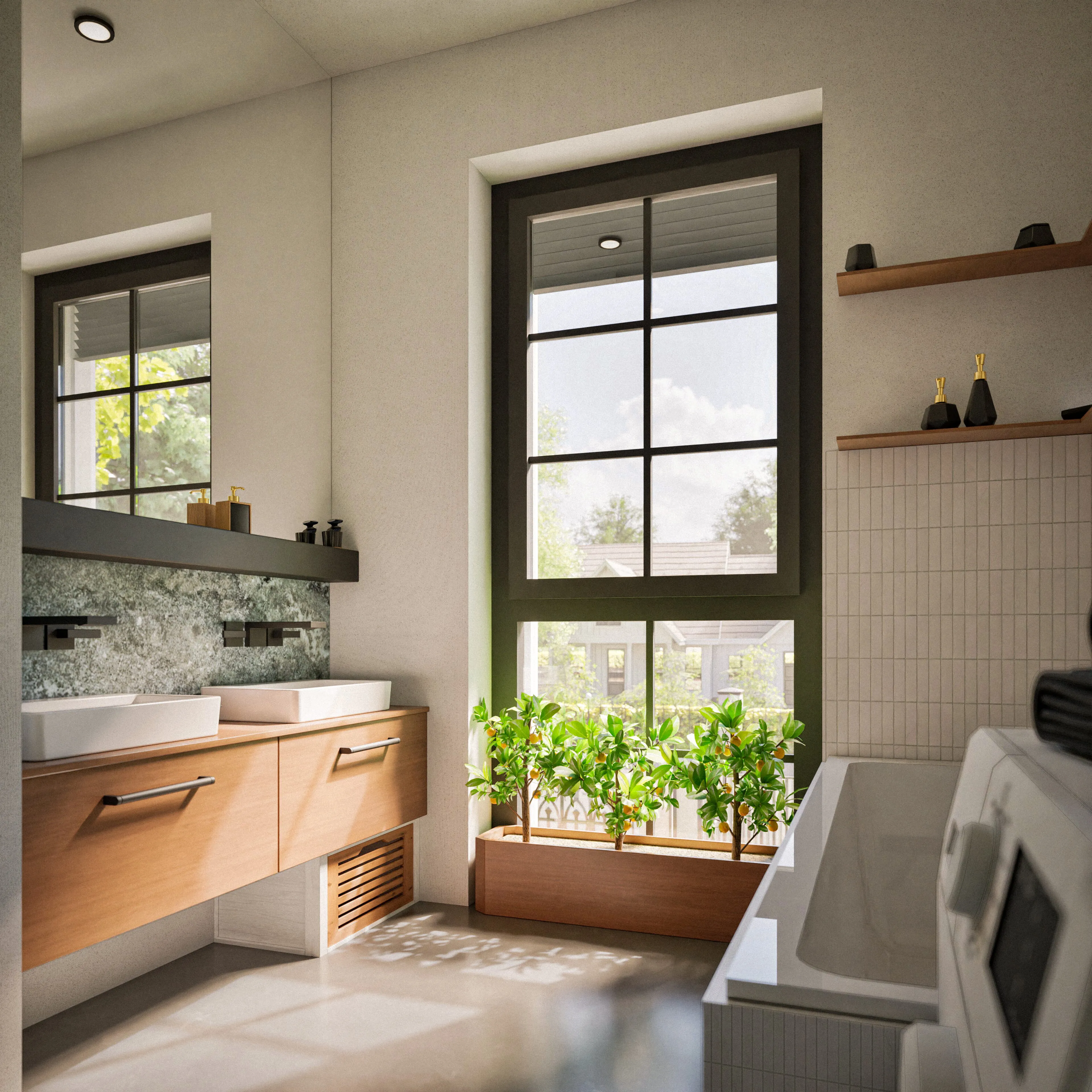 Modernes Badezimmer mit großem Fenster, zwei Waschbecken auf Holzunterschrank, kleinen Pflanzen und Badewanne mit Waschmaschine daneben.