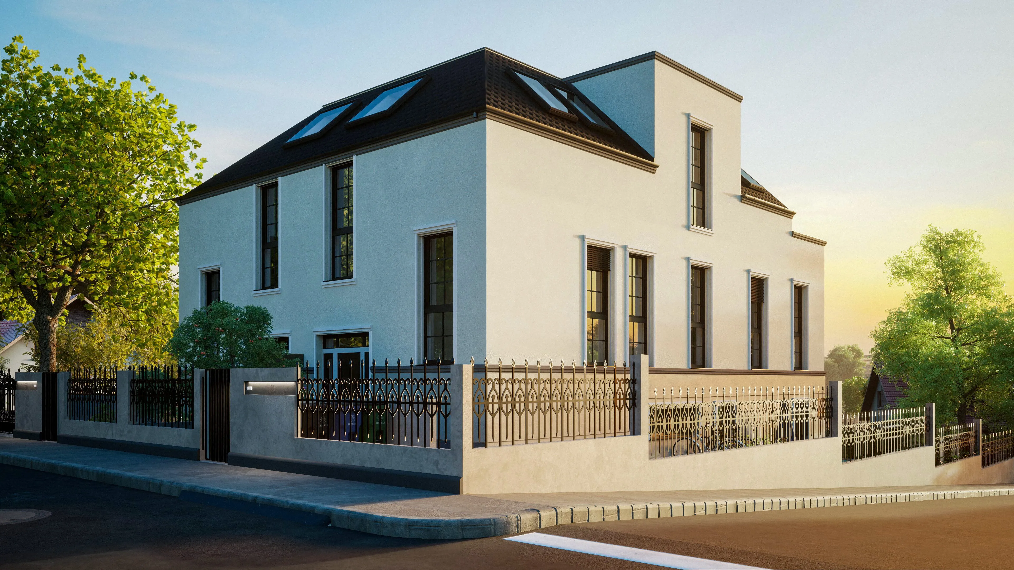 Modernes zweistöckiges Eckhaus mit weißer Fassade, dunklem Dach und schmiedeeisernem Zaun bei Sonnenuntergang.